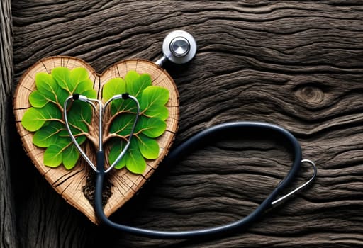 AI generated of a heart with a leaf and a stethoscope on a trunk background