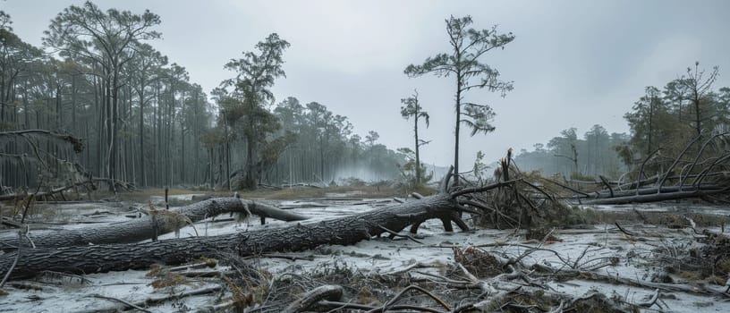A solemn scene captures the aftermath of a storm with fallen trees obstructing a forest path, showcasing nature's raw power