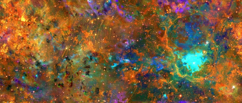 This image artfully captures the ethereal beauty of interstellar clouds, blended with a spectrum of cosmic colors, evoking the mystery of the cosmos