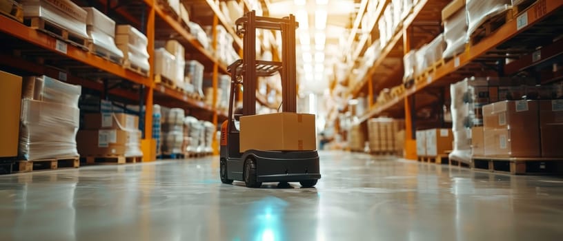 A self-driving warehouse robot loaded with boxes traverses the storage facility floor, illustrating autonomous solutions in material handling