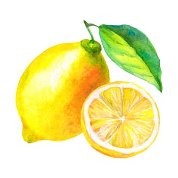 Generative illustration, watercolor drawing of lemon isolated on white background