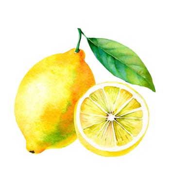 Generative illustration, watercolor drawing of lemon isolated on white background
