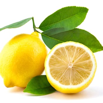 Lemon fruit with leaves isolated on white background