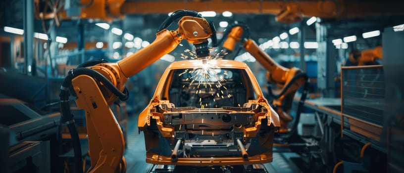 An assembly line with industrial robots fitting panels to a car chassis, showcasing precision and automation in modern manufacturing