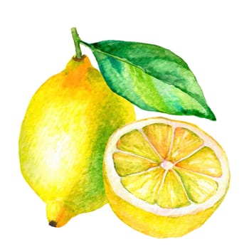 Generative illustration, watercolor drawing of lemon isolated on white background