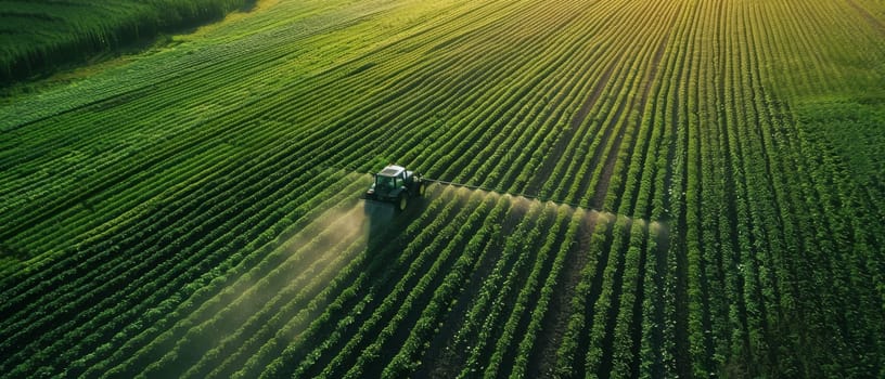 Tractor spraying pesticides over a vast field of crops, captured from an aerial perspective during golden hour, highlighting agricultural practices