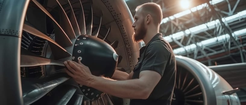 An aviation mechanic in a dark uniform and safety glasses is engaged in a thorough check of a jet engine's components in a hangar