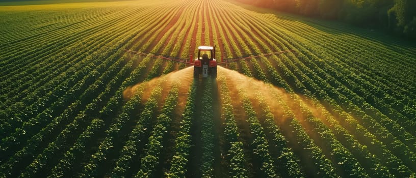 Tractor spraying pesticides over a vast field of crops, captured from an aerial perspective during golden hour, highlighting agricultural practices