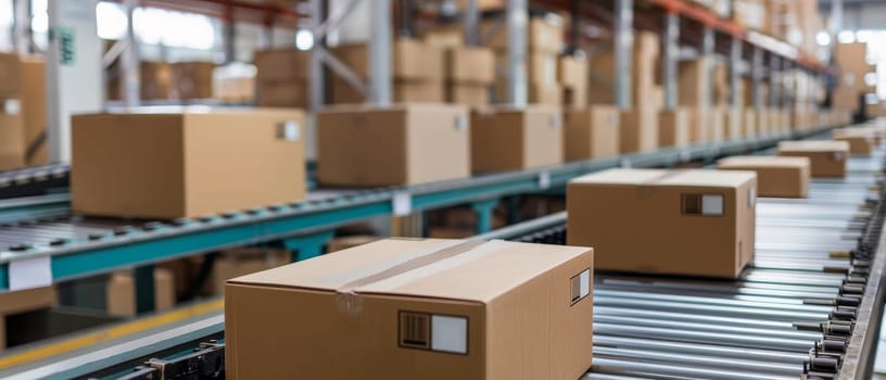 An endless row of cardboard boxes on a conveyor belt in a warehouse, showcasing streamlined logistics and supply chain automation