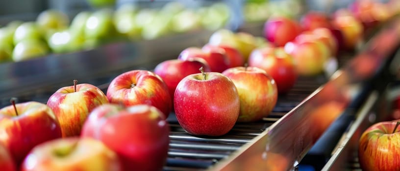 Close-up of glossy red apples on an industrial processing line, showcasing the beauty of agricultural produce in mass production