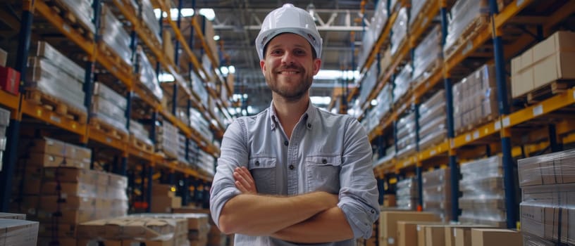 A confident warehouse supervisor stands proudly in a well-organized storage facility, representing leadership and efficiency