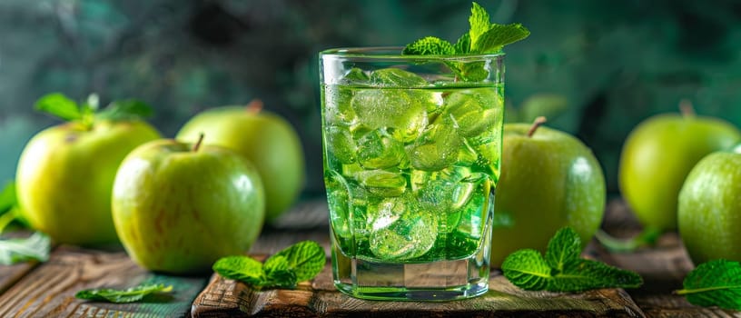 A chilled glass of apple mint drink, a fusion of crisp flavor and invigorating freshness, presented on a natural wooden surface