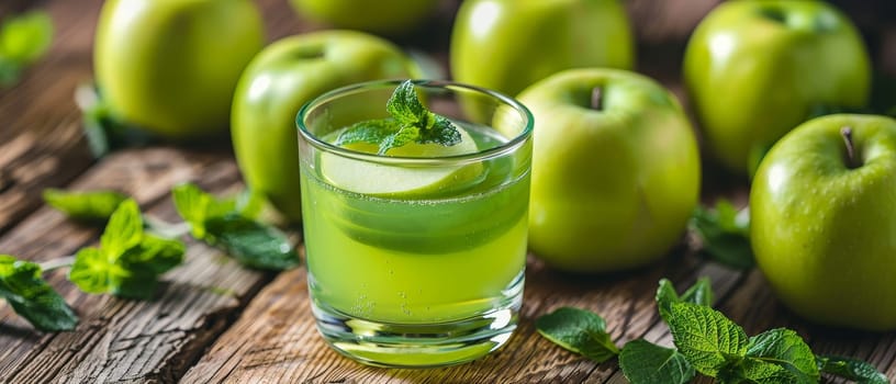 A chilled glass of apple mint drink, a fusion of crisp flavor and invigorating freshness, presented on a natural wooden surface
