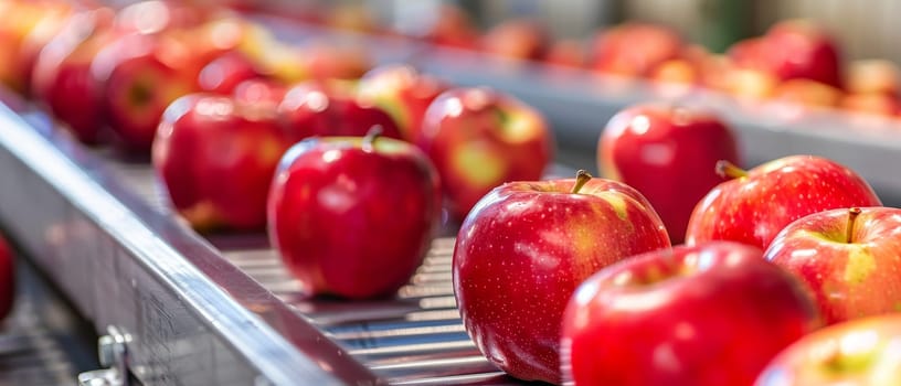 Close-up of glossy red apples on an industrial processing line, showcasing the beauty of agricultural produce in mass production