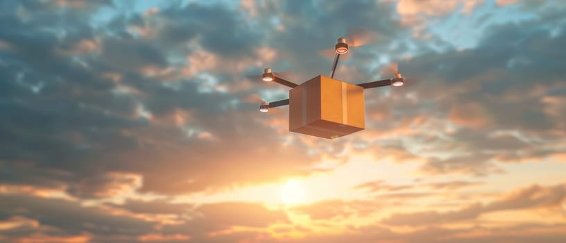 Drone carrying a package against a beautiful sunset sky, showcasing modern delivery technology
