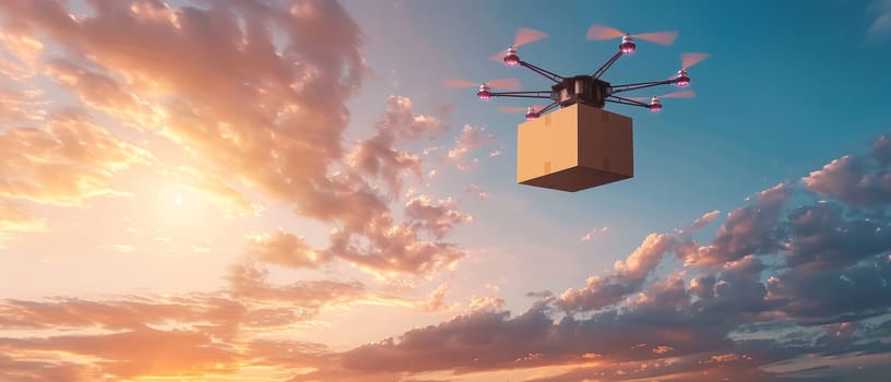 Drone carrying a package against a beautiful sunset sky, showcasing modern delivery technology