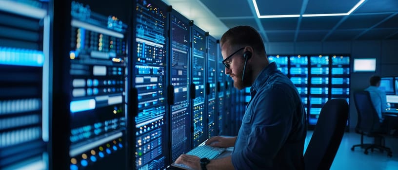 A man in a blue shirt monitors data security on multiple screens within a high-tech server room