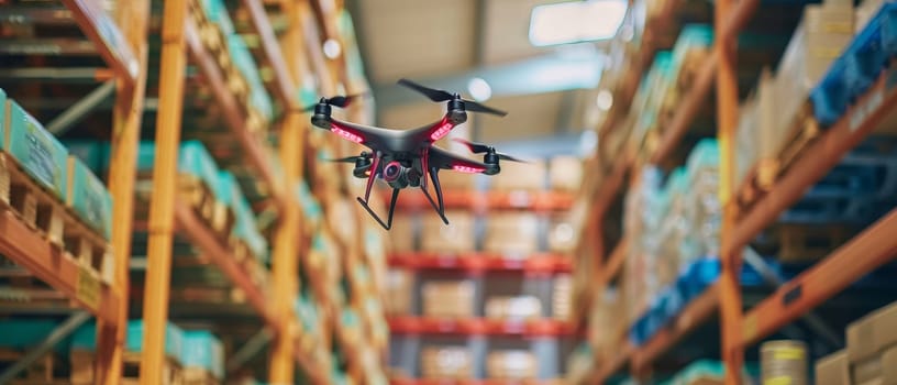 A automated drone flies down a warehouse corridor, showcasing the future of package handling and inventory systems in distribution centers