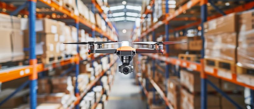 A automated drone flies down a warehouse corridor, showcasing the future of package handling and inventory systems in distribution centers
