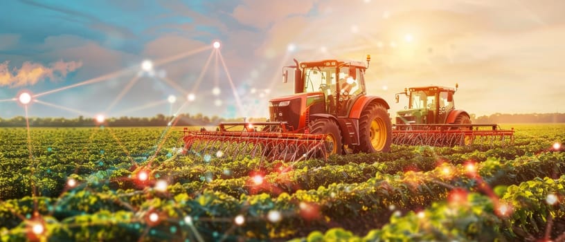 Two powerful tractors with extended harvesting equipment operate in a lush green field under bright lights, showcasing modern agricultural practices