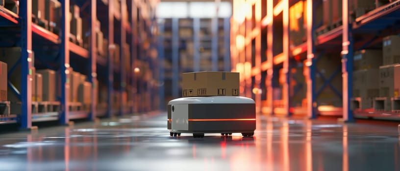 A self-driving warehouse robot loaded with boxes traverses the storage facility floor, illustrating autonomous solutions in material handling