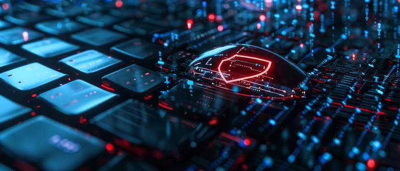 A conceptual cyber scene depicting a digital red shield surrounded by circuit board patterns, symbolizing data security and online threats