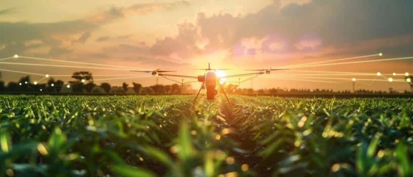 An agricultural drone hovers above a lush green field under a striking sunset sky, showcasing the integration of modern technology into farming practices