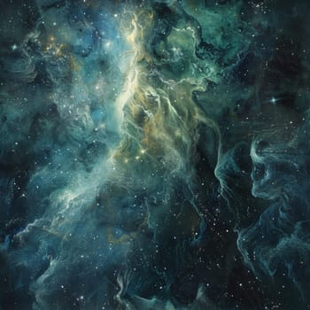 Wispy cosmic clouds twist and curl amid a fiery celestial backdrop of emerald greens and searing yellows