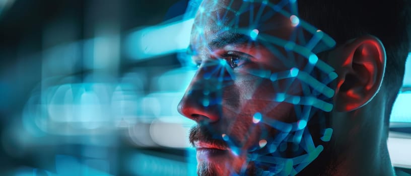 A male tech specialist focused on a data interface, with neon light reflections mapping out digital information across his face