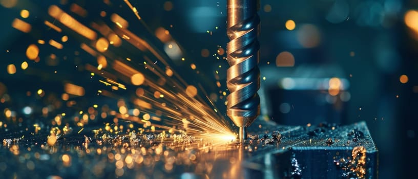Wide shot of a powerful industrial drill in action, creating a shower of golden sparks, capturing the dynamism of machine work