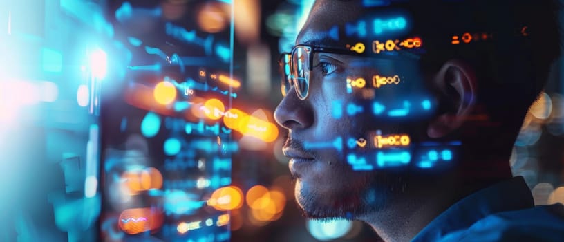 A male tech specialist focused on a data interface, with neon light reflections mapping out digital information across his face