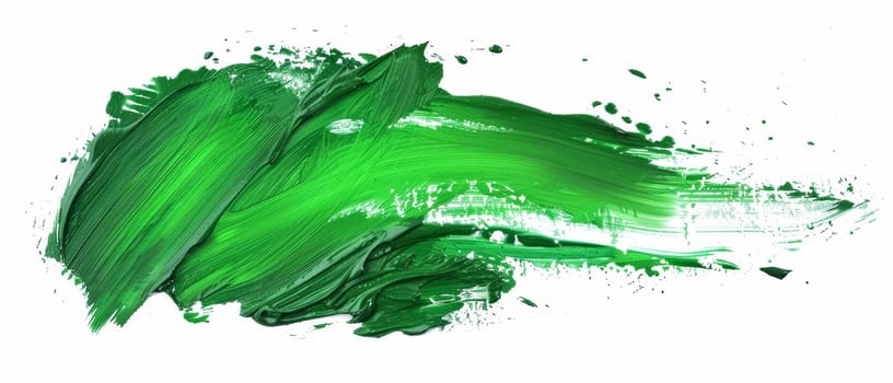 An abstract green streak of paint, with energetic splatters and fluid motion, on a stark white canvas