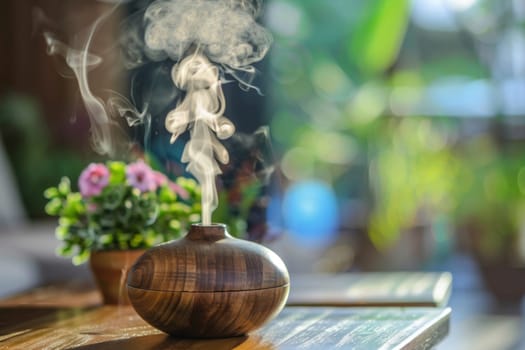 A wooden table is displayed with a vase placed on top, emitting smoke that fills the space around it in a swirling pattern. The vase is the focal point, emanating an ethereal quality with the smoke it releases.
