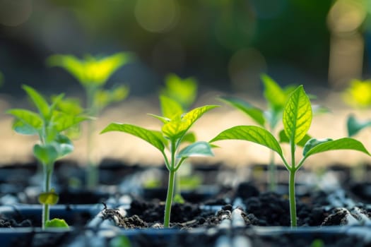 A cluster of tiny green plants is seen sprouting from the brown soil. The plants appear healthy and vibrant as they reach towards the sunlight. Some leaves are unfurling while others have small buds forming.