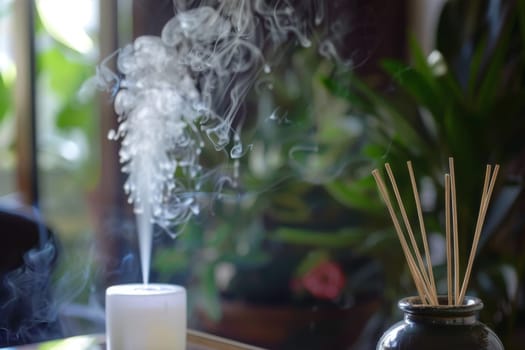 A black vase emits wisps of white smoke, creating a striking contrast against the dark vessel. The smoke curls and twists elegantly as it rises from the opening of the vase.