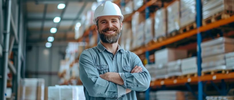A cheerful warehouse manager wearing a hardhat and casual work clothes standing confidently in a storage facility