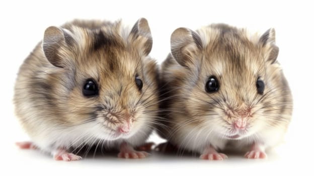 Two small brown and white mice are seated side by side, their fur blending together seamlessly. The mice appear calm and content as they gaze in the same direction, their tiny paws neatly tucked underneath them.