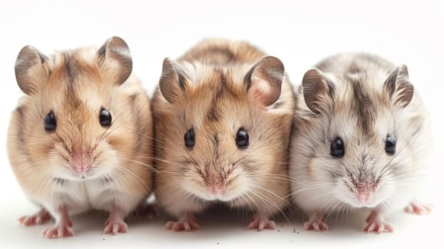Three mice of varying colors are seen sitting close together in a row. They appear calm and observant, possibly foraging or resting near each other.
