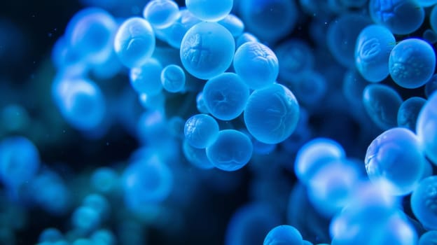 A collection of blue bubbles are seen floating on the surface of the water. The bubbles vary in size and shape, creating a mesmerizing visual display as they move gently with the waters currents.