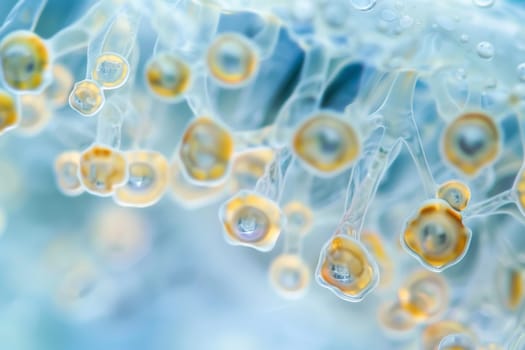 A group of yellow and white bubbles gently float on the surface of the water, creating a mesmerizing sight. The bubbles appear to be light and airy, dancing with the ripples of the water around them.