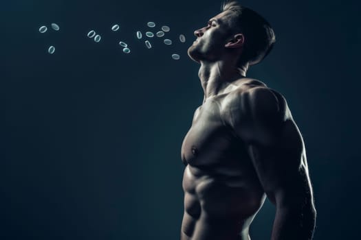 A shirtless man is shown in the image blowing bubbles into the air. The mans upper body is visible, and he is actively engaged in creating bubbles using a bubble solution and wand.