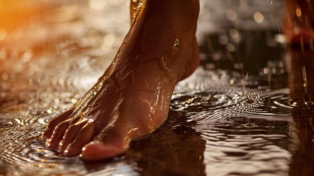 A detailed view of a persons feet standing in a puddle of water, showing the ripples and reflections on the surface of the water.