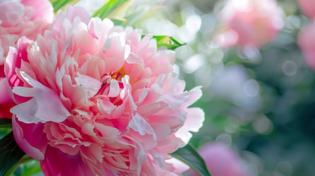 A detailed view of a vibrant pink flower surrounded by lush green leaves. The flower petals are delicate and the leaves are vibrant and healthy.