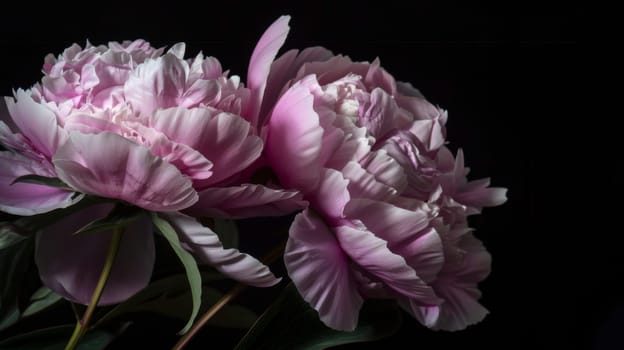 Close-up view of two pink flowers against a deep black background, showcasing intricate details of their petals and vibrant colors.