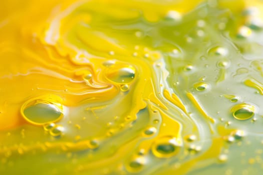 A close-up view of a vibrant yellow and green liquid swirling together in a container, creating a visually striking and colorful display.