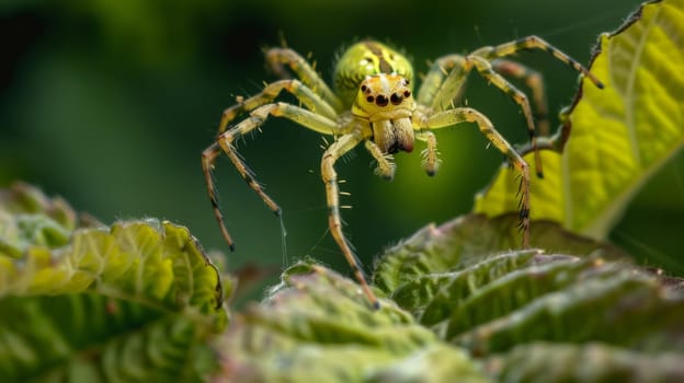 A close-up view of a spider perched on a green leaf. The spiders intricate body structure and eight legs are visible as it remains still on the surface of the leaf.
