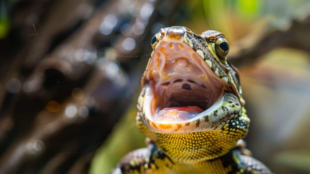 A close-up view capturing a frog with its mouth wide open, showcasing its unique features and behavior. The frogs mouth is prominently displayed, revealing its characteristic anatomy and potential feeding or vocalization action.