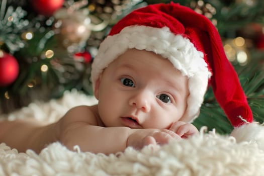A baby is lying in front of a fully decorated Christmas tree, wearing a Santa hat. The baby looks curious and interested in the colorful lights and ornaments. The festive scene captures the wonder and joy of the holiday season.