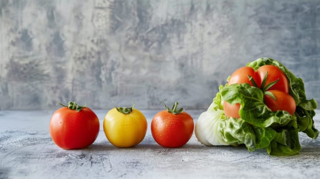 A collection of ripe tomatoes, fresh lettuce leaves, and assorted vegetables stacked together on a wooden surface. The vibrant colors and textures of the vegetables create a visually appealing arrangement.