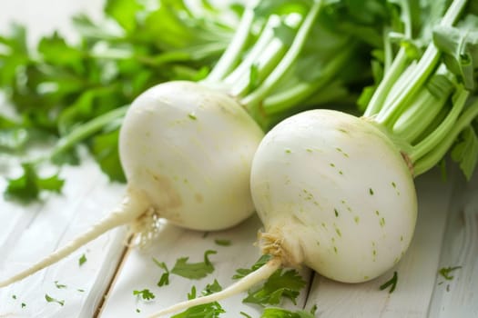 Two white radishes with fresh green leaves are placed on a clean white table. The radishes are prominently displayed, showcasing their vibrant colors and natural beauty.